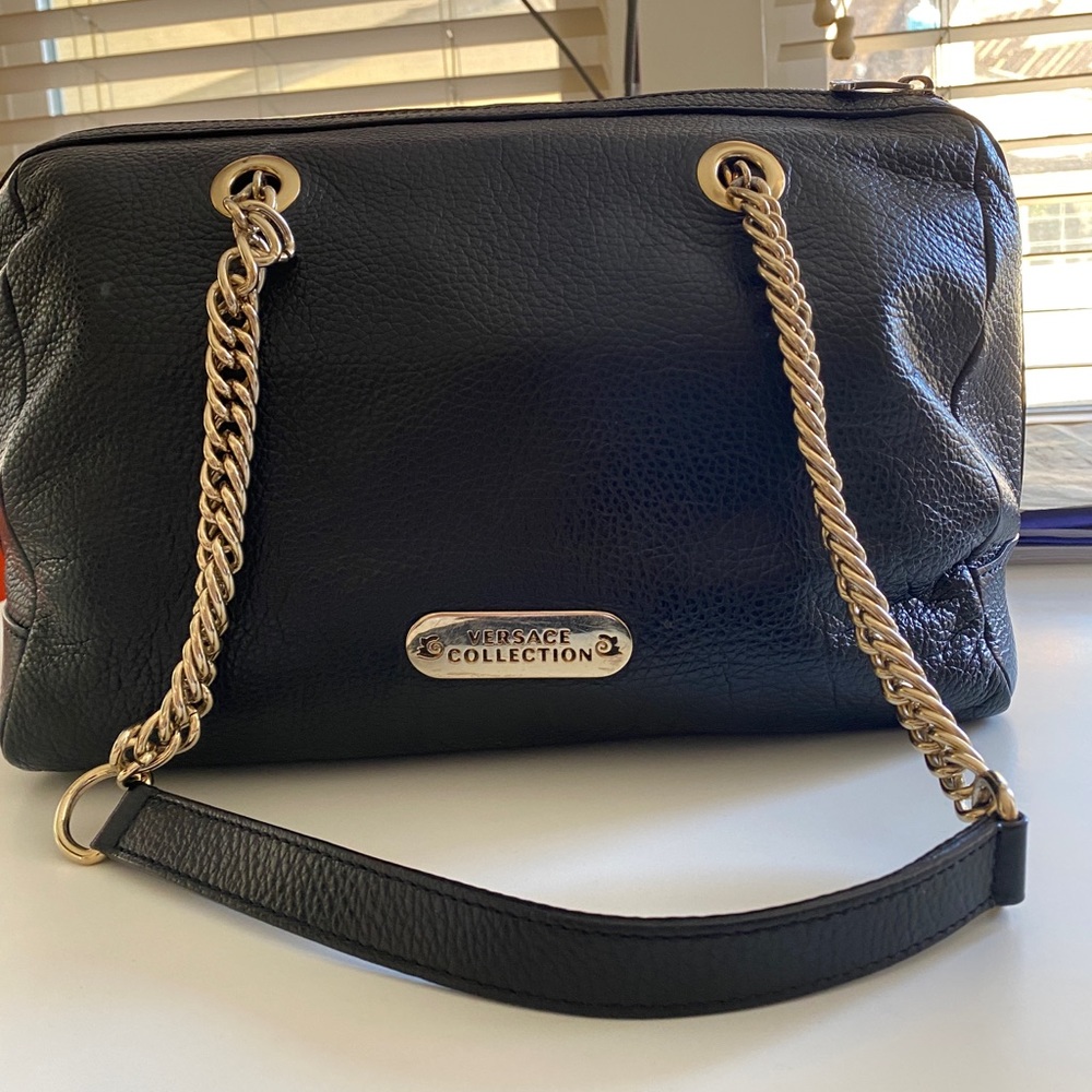 Vintage Versace Collection Black Pebble Leather Shoulder Bag